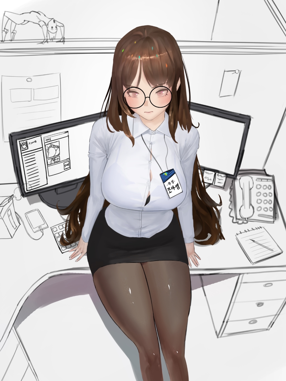 1girl, bangs, breasts, brown_eyes, brown_hair, button_gap, cabinet, cellphone, closed_mouth, collared_shirt, computer, cubicle, desk, dlckdgns851, dress_shirt, glasses, highres, id_card, keyboard_(computer), large_breasts, long_hair, monitor, mouse_(computer), notebook, office, office_lady, on_desk, original, pantyhose, pen, pencil_skirt, phone, round_eyewear, shirt, sitting, sitting_on_desk, skirt, smartphone, thighs, white_shirt