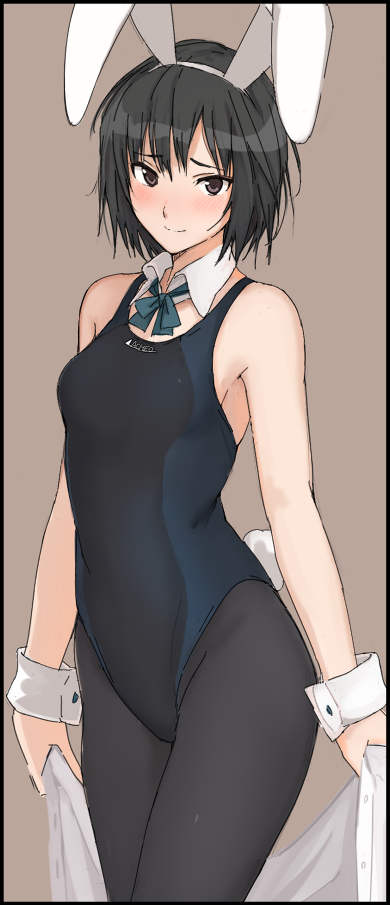 1girl, amagami, animal_ears, black_border, black_eyes, black_hair, black_legwear, black_swimsuit