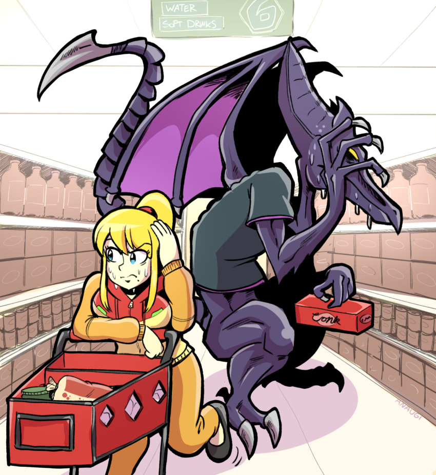 1girl, alien, alternate_costume, anaugi, awkward, blonde_hair, blue_eyes, claws