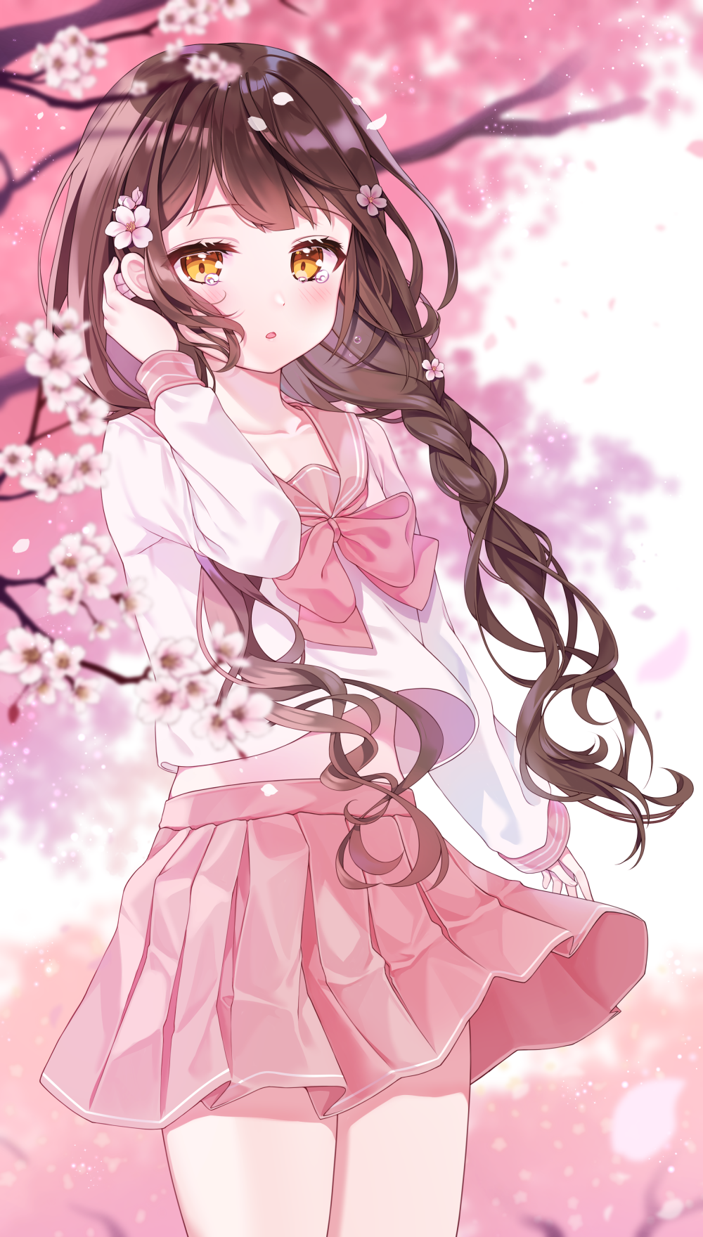 1girl, :o, bangs, blurry, blurry_background, blurry_foreground, blush, bow, brown_eyes, brown_hair, cherry_blossoms, collarbone, commentary, depth_of_field, eyebrows_visible_through_hair, flower, hand_up, highres, long_hair, long_sleeves, looking_at_viewer, original, parted_lips, petals, pink_bow, pink_sailor_collar, pink_skirt, pleated_skirt, reel37891, sailor_collar, school_uniform, serafuku, shirt, skirt, solo, symbol_commentary, tears, tree_branch, very_long_hair, white_flower, white_shirt