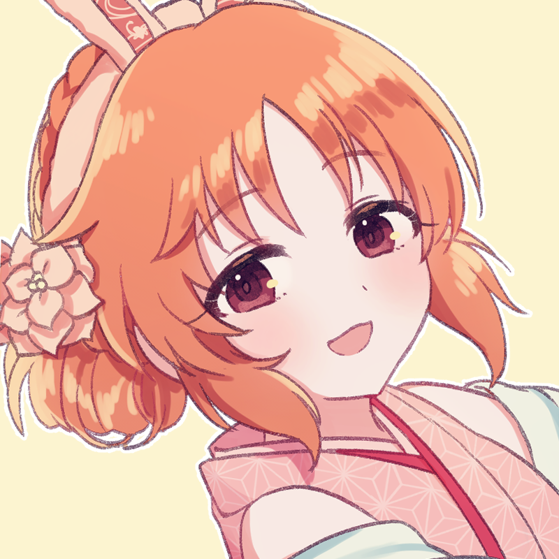 1girl, :d, abe_nana, animal_ears, bangs, bare_shoulders, beige_background, blush