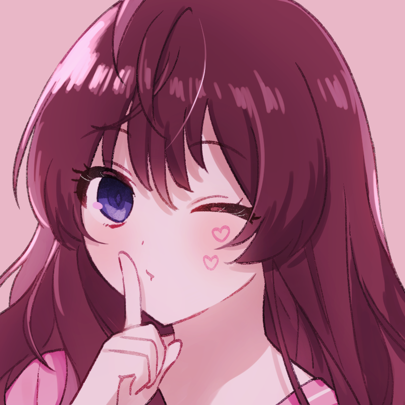 1girl, bangs, blush, brown_background, brown_hair, closed_mouth, eyebrows_visible_through_hair, facial_mark, hair_between_eyes, hand_up, heart, ichinose_shiki, idolmaster, idolmaster_cinderella_girls, idolmaster_cinderella_girls_starlight_stage, index_finger_raised, long_hair, one_eye_closed, pink_shirt, portrait, poyo_(shwjdddms249), shirt, simple_background, solo