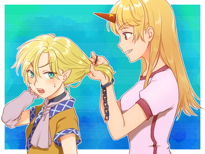 2girls, arm_up, arm_warmers, blonde_hair, blue_background, blush, breasts, brown_shirt