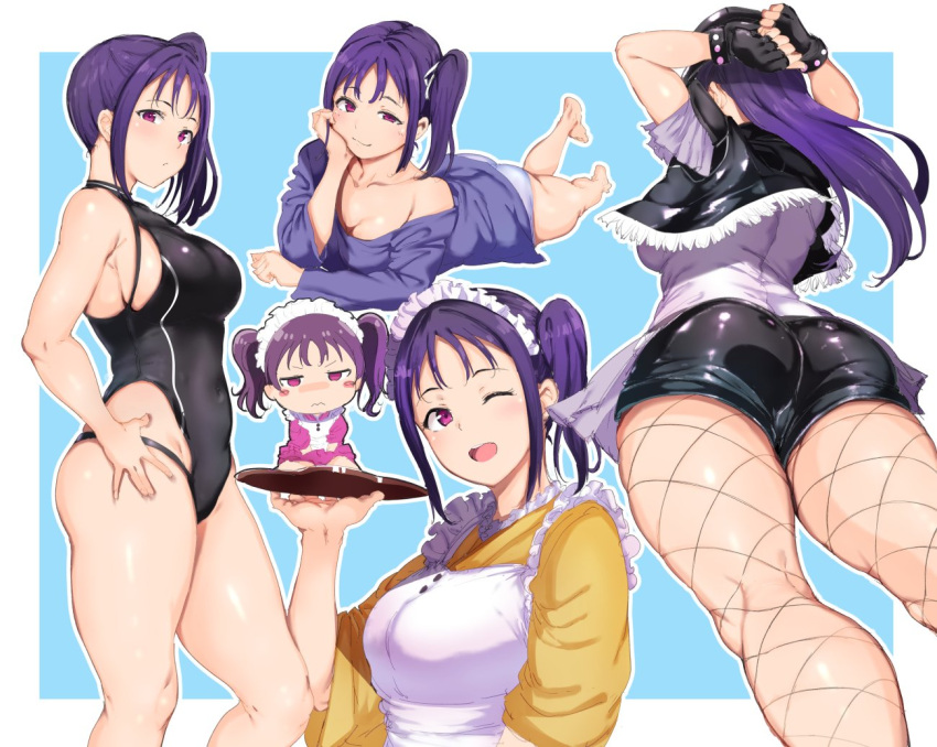 2girls, alp, apron, ass, black_swimsuit, closed_mouth, frilled_apron, frills