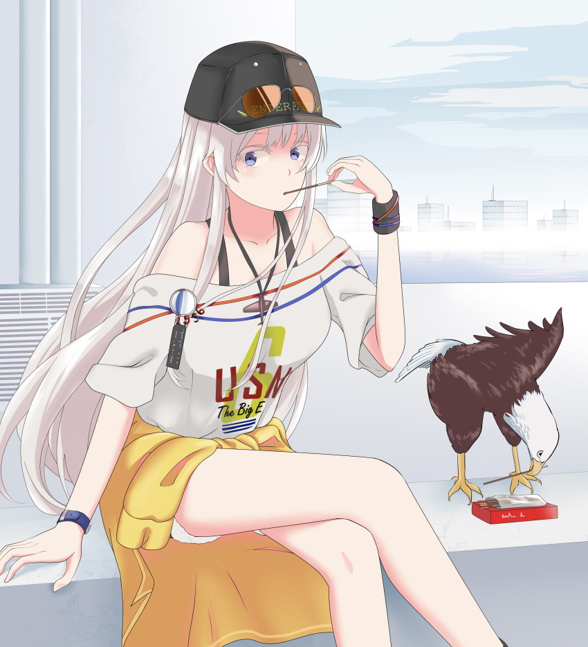 1girl, absurdres, alternate_costume, azur_lane, bare_legs, baseball_cap, bird, black_footwear, black_headwear, black_shorts, breasts, closed_mouth, clothes_around_waist, clothes_writing, collarbone, eagle, enterprise_(azur_lane), eyewear_on_headwear, food, full_body, fur_trim, hand_up, hat, highres, inflameys, jacket, jacket_around_waist, jewelry, long_hair, looking_at_viewer, necklace, off-shoulder_shirt, off_shoulder, pocky, shirt, shoes, short_shorts, shorts, sidelocks, sign, silver_hair, skyline, smile, solo, star, sunglasses, sweatband, violet_eyes, watch, watch, white_shirt, yellow_jacket
