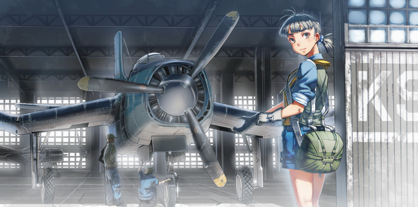 1girl, 2boys, aircraft, airplane, btd-1_destroyer, gloves, grey_hair, hangar