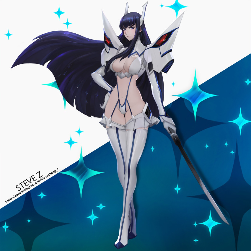 1girl, artist_name, bakuzan, black_hair, blue_eyes, boots, full_body, high_collar
