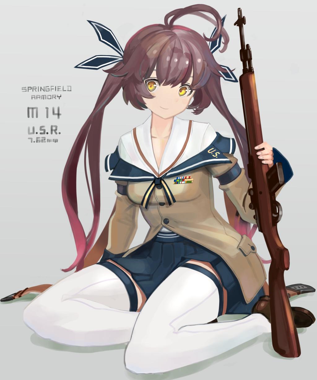 1girl, ahoge, bangs, battle_rifle, blue_skirt, blush, breasts, brown_footwear