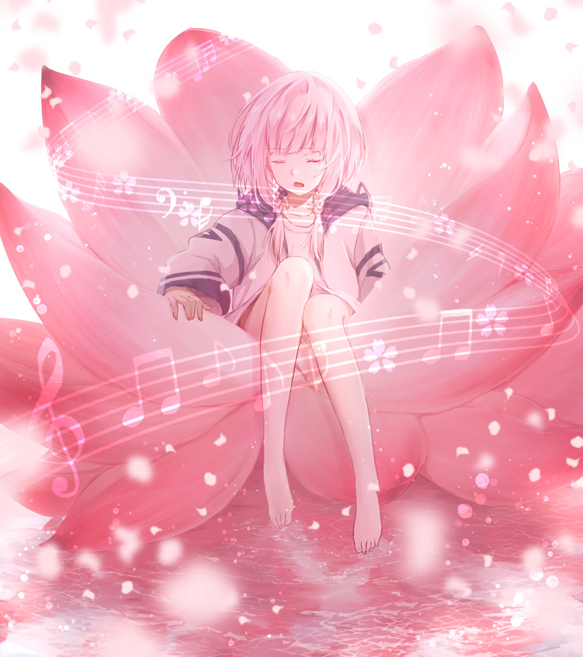 1girl, absurdres, bangs, barefoot, beamed_eighth_notes, cherry_blossoms, closed_eyes, collarbone