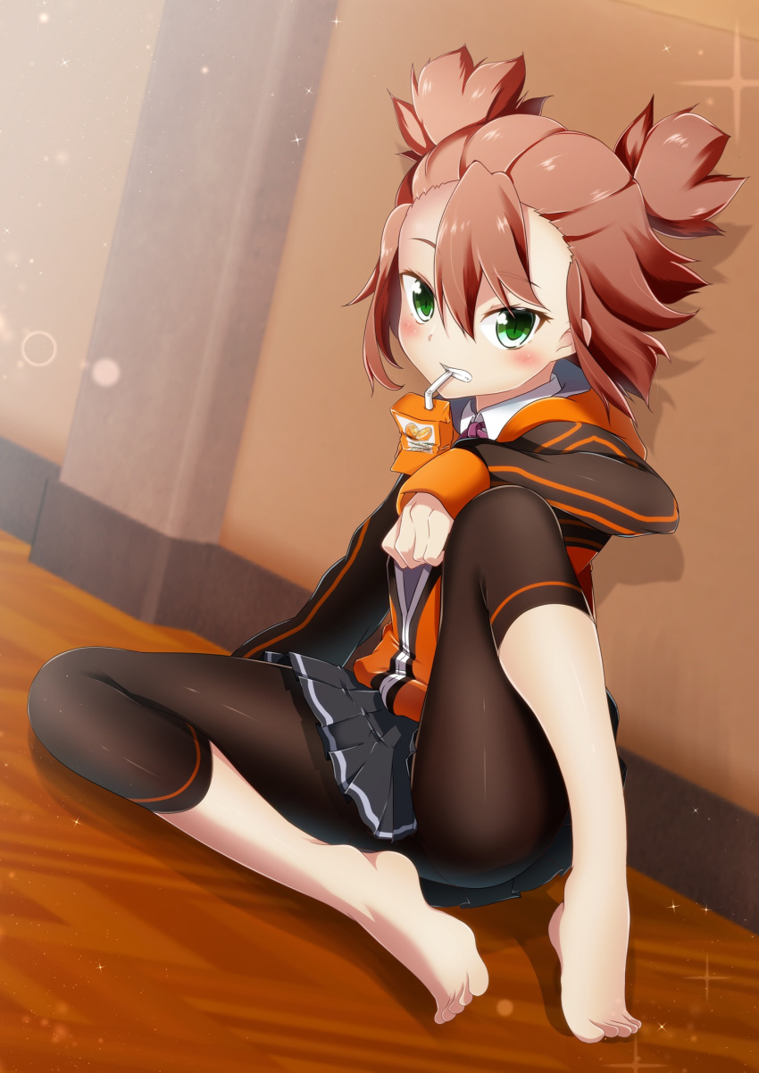 1girl, bike_shorts, blue_skirt, blush, brown_hair, capri_pants, clenched_teeth, collared_shirt
