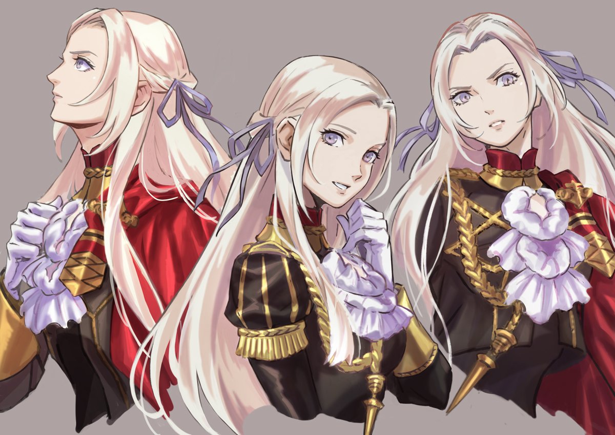 1girl, blonde_hair, blue_eyes, cape, cravat, edelgard_von_hresvelg, fire_emblem, fire_emblem:_three_houses, fire_emblem:_three_houses, garreg_mach_monastery_uniform, gloves, hair_ornament, hair_ribbon, intelligent_systems, koei_tecmo, long_hair, looking_at_viewer, misica, multiple_persona, nintendo, pantyhose, red_cape, ribbon, simple_background, smile, solo, uniform