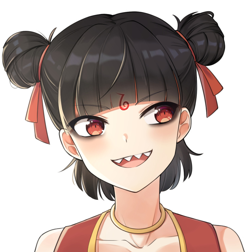 1boy, bangs, bare_shoulders, black_hair, collarbone, commentary_request, double_bun, eyebrows_visible_through_hair