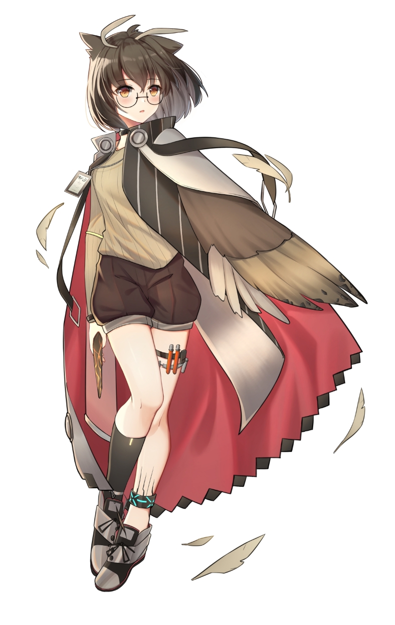 1girl, animal_ears, arknights, bangs, black-framed_eyewear, breasts, brown_hair, brown_shorts