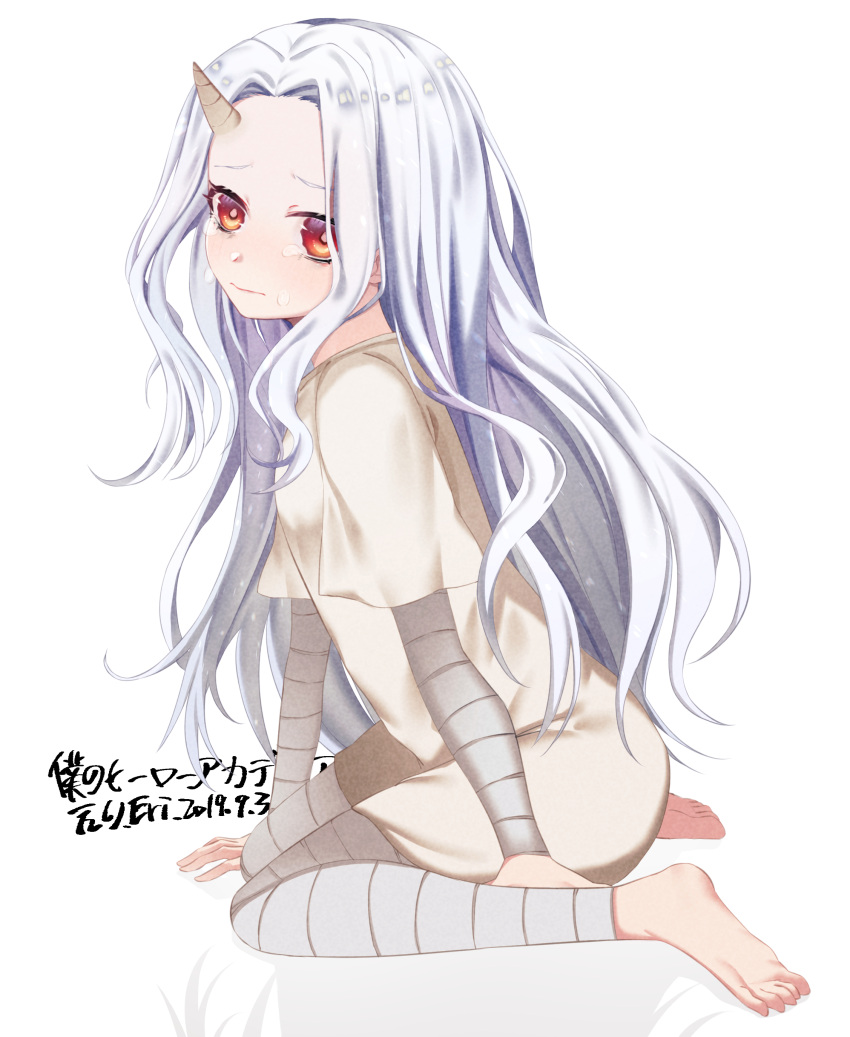 1girl, absurdres, bandaged_arm, bandaged_leg, bandages, bangs, boku_no_hero_academia, chen_yan, child, commentary_request, dated, dress, eri_(boku_no_hero_academia), from_side, highres, horn, long_hair, looking_at_viewer, parted_bangs, red_eyes, shirt, simple_background, solo, tears, translation_request, white_background, white_hair, yellow_shirt