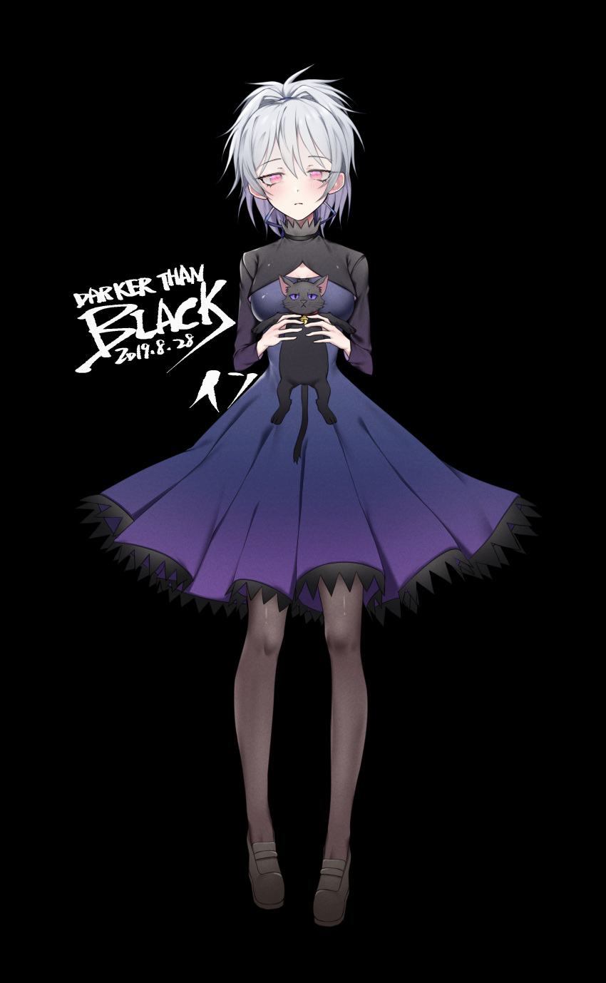 1girl, absurdres, bangs, black_background, black_legwear, breasts, cat, chen_yan