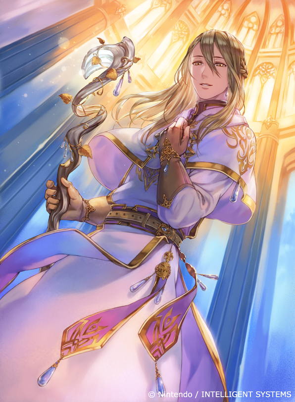1boy, belt, blonde_hair, earrings, fire_emblem, fire_emblem_awakening, fire_emblem_cipher, gloves, jewelry, kato_ayaka, leaf, libra_(fire_emblem), long_hair, male_focus, official_art, solo, sparkle, staff, teeth, yellow_eyes