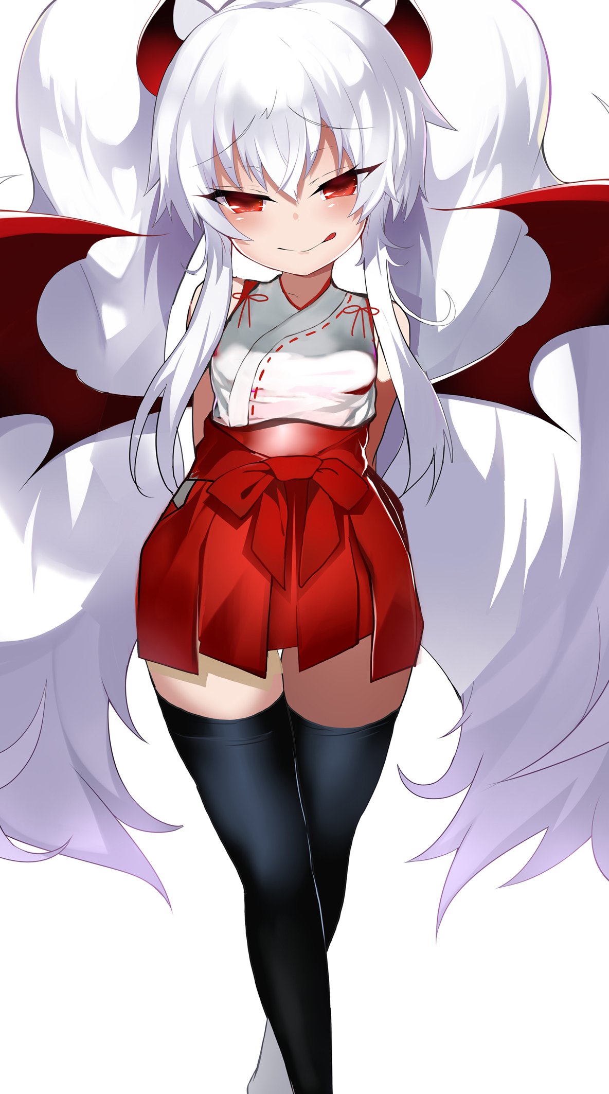 1girl, :p, arms_behind_back, black_legwear, crossed_legs, demon_girl, demon_wings, grim_aloe