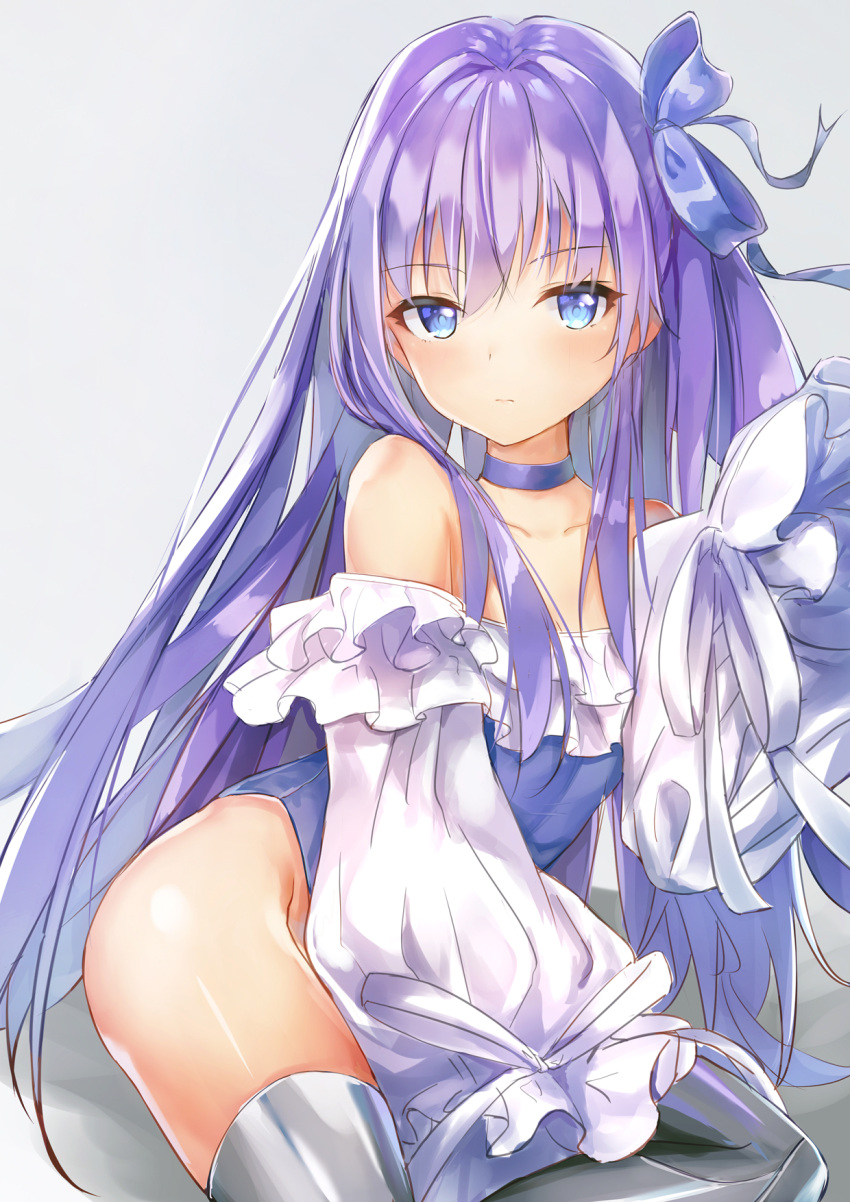 1girl, bangs, bare_shoulders, blue_eyes, blue_ribbon, blue_swimsuit, blush, breasts