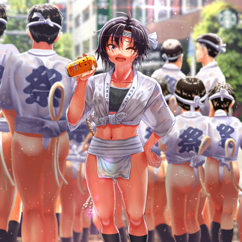1girl, abs, antenna_hair, black_hair, black_legwear, blurry, blurry_background, can