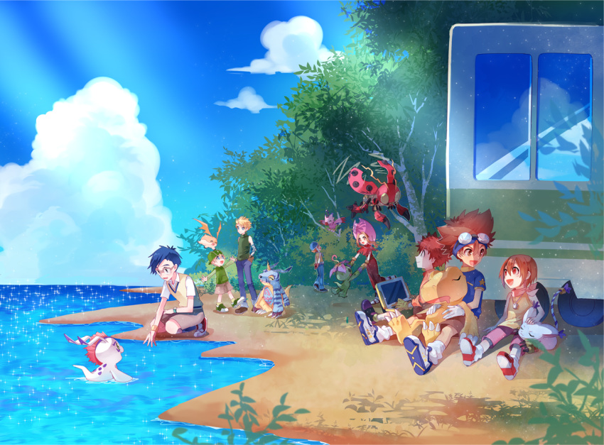 3girls, 5boys, agumon, blonde_hair, blue_eyes, blue_hair, brown_eyes, brown_hair