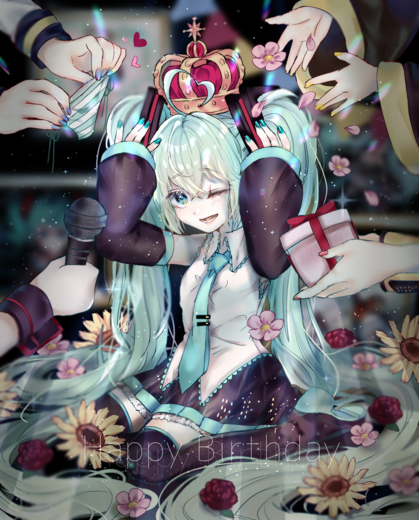 2boys, 4girls, absurdly_long_hair, aqua_eyes, aqua_hair, aqua_nails, aqua_neckwear, asymmetrical_sleeves
