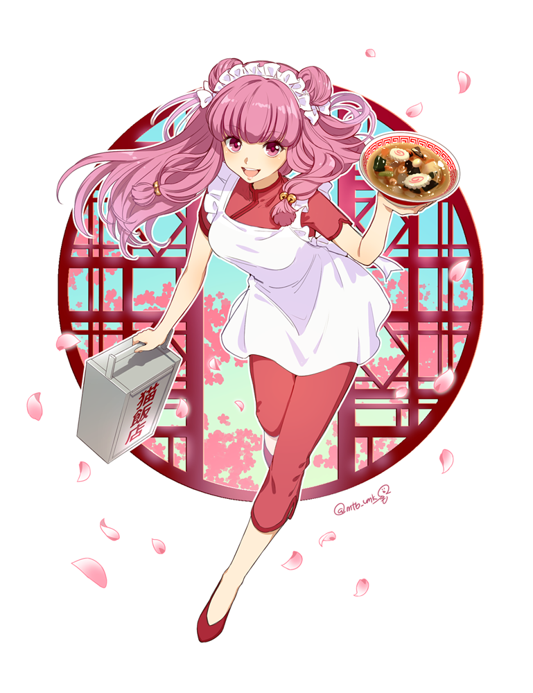 1girl, alternate_hair_color, apron, artist_name, cherry_blossoms, chinese_clothes, double_bun, food