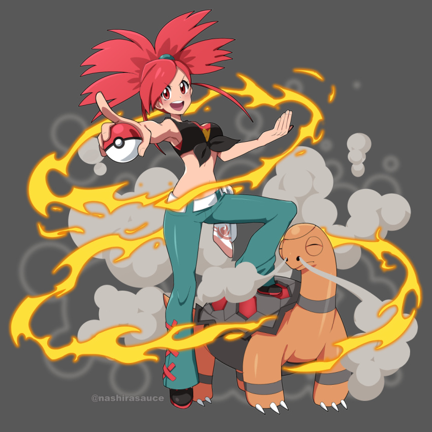 1girl, :d, asuna_(pokemon), blush, breasts, closed_eyes, fire, full_body