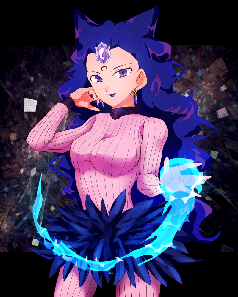 1girl, bishoujo_senshi_sailor_moon, bodysuit, choker, comadori717, cowboy_shot, earrings, jewelry, koan_(sailor_moon), lips, lipstick, long_hair, looking_at_viewer, makeup, nail_polish, pink_bodysuit, purple_hair, purple_lipstick, ribbed_bodysuit, solo, wavy_hair