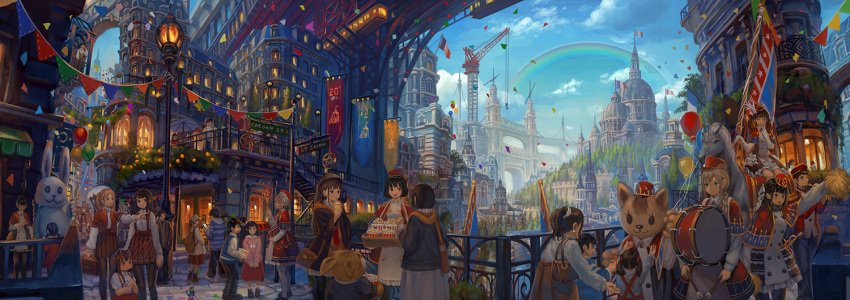 6+boys, 6+girls, aerial_tram, animal, animal_costume, animal_ears, bag, black_hair