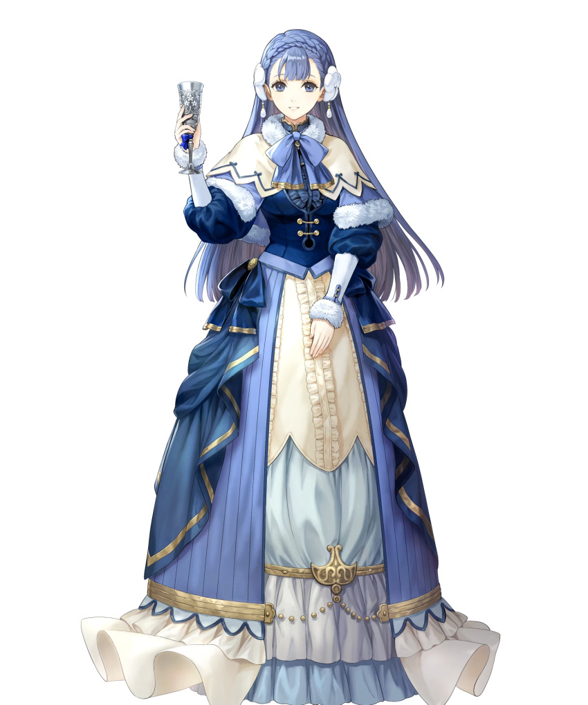 1girl, bangs, blue_dress, blue_eyes, blue_hair, bow, bowtie, braid, breasts, cape, capelet, dress, earrings, fire_emblem, fire_emblem_echoes:_shadows_of_valentia, fire_emblem_heroes, fur_trim, hair_ornament, highres, jewelry, long_hair, long_sleeves, medium_breasts, non-web_source, official_art, rinea_(fire_emblem), shiny, shiny_hair, solo, tied_hair