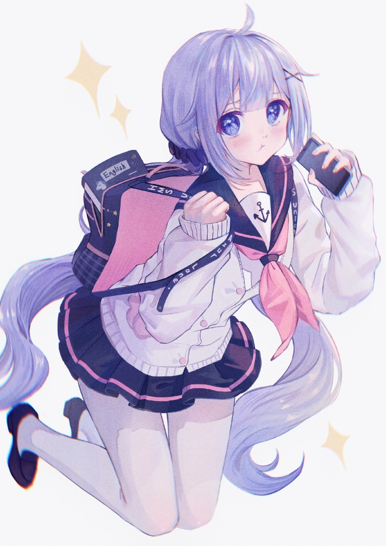 1girl, :t, ahoge, anchor_print, azur_lane, bag, black_footwear, black_skirt
