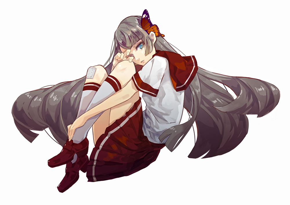 1girl, blue_eyes, brown_footwear, brown_hair, brown_sailor_collar, brown_skirt, butterfly_hair_ornament, closed_mouth