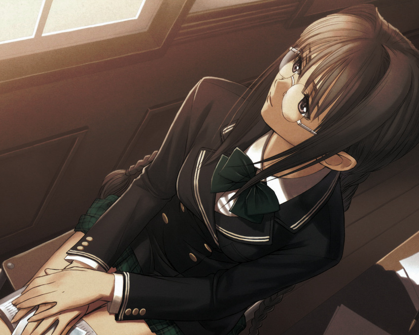 brown_hair, glasses, hiruda_reia, long_hair, purple_eyes, school_uniform, schoolgirl, shining_(series)