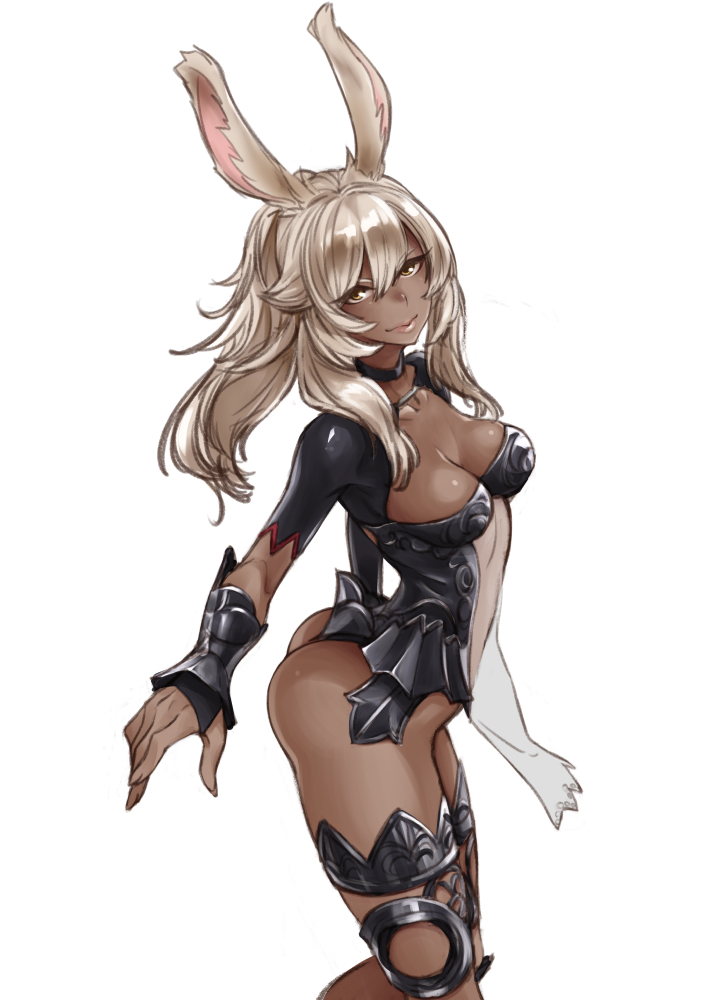 1girl, animal_ears, ass, choker, dark_skin, final_fantasy, final_fantasy_xii, final_fantasy_xiv, gloves, long_hair, ponytail, pote0508, rabbit_ears, see-through, solo, viera, white_hair, yellow_eyes