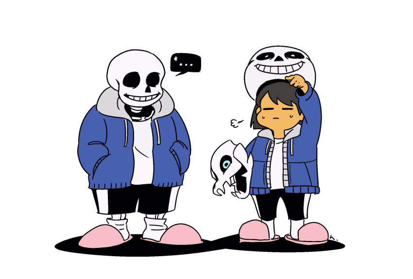 ..., 1boy, 1other, arm_cannon, bob_cut, brown_hair, closed_eyes, commentary, cosplay, costume, english_commentary, frisk_(undertale), gasterblaster, hands_in_pockets, highres, hood, hoodie, no_pupils, nurume_(nurumenoon), pink_footwear, sans_(undertale), sans_(undertale)_(cosplay), shorts, simple_background, skeleton, slippers, smile, socks, spoken_ellipsis, super_smash_bros., undertale, weapon, white_background