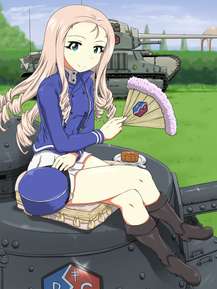arl-44, bc_freedom_military_uniform, black_footwear, blonde_hair, blue_headwear, blue_jacket, blue_sky, blue_vest