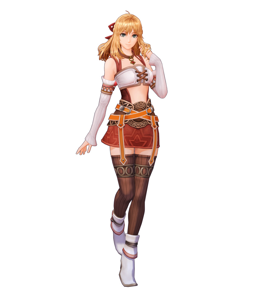 3d, absurdres, ahoge, bare_shoulders, blonde_hair, boots, detached_sleeves, fiorun