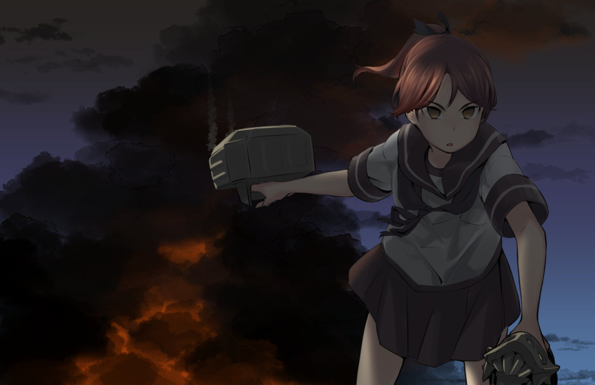 1girl, bangs, clouds, explosion, eyebrows_visible_through_hair, hair_ribbon, highres, holding