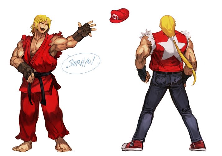 2boys, bare_shoulders, baseball_cap, belt, black_belt, blonde_hair, capcom_vs_snk, cosplay, denim, dougi, fatal_fury, fingerless_gloves, from_behind, full_body, gloves, hankuri, hat, jeans, ken_masters, long_hair, looking_at_another, mario, mario_(cosplay), mario_hat, multiple_boys, muscle, open_mouth, pants, parody, ponytail, shoes, simple_background, smile, sneakers, star, street_fighter, super_smash_bros., terry_bogard, throwing, throwing_hat, vest, white_background