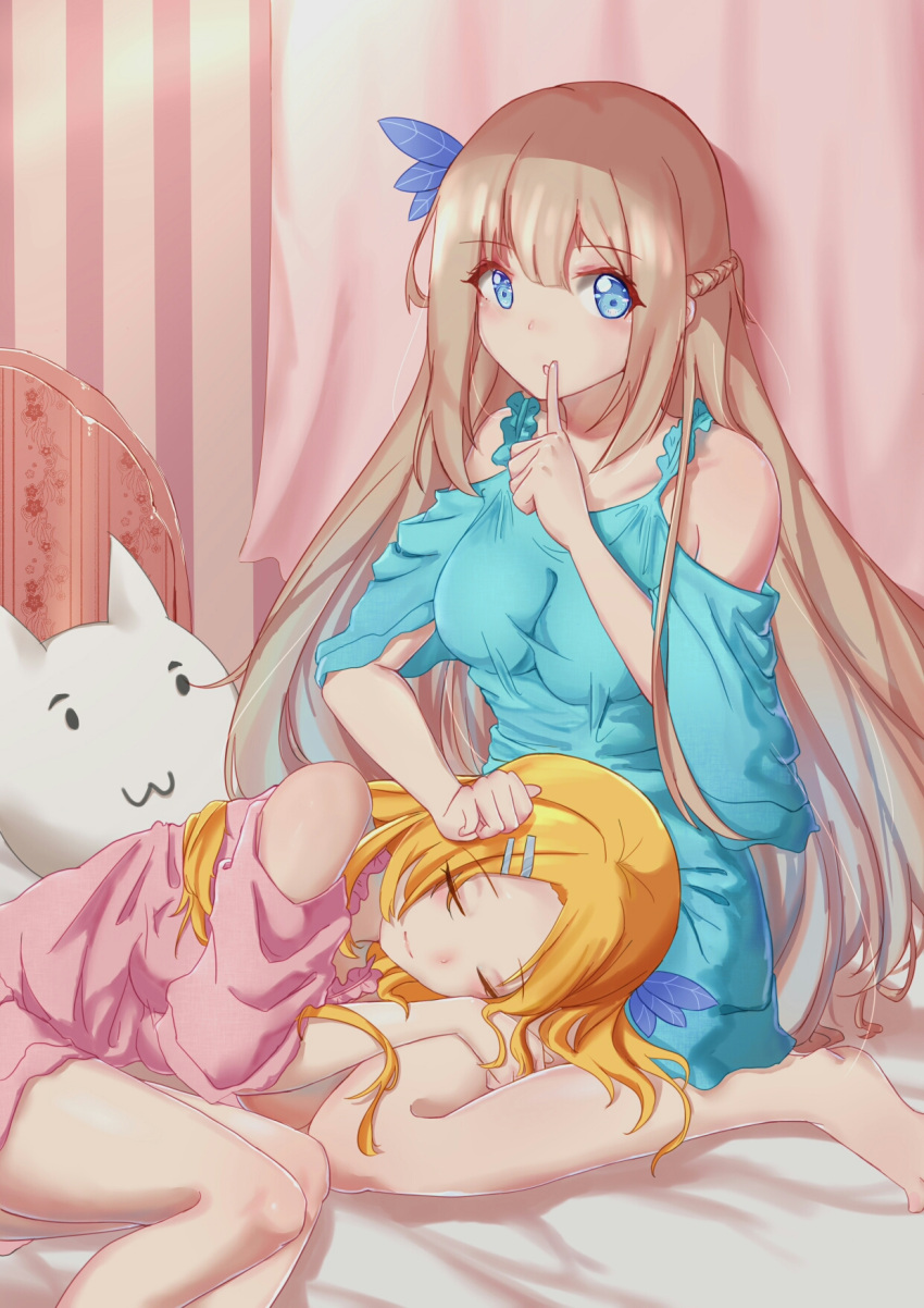 2girls, animal_pillow, barefoot, bed, blonde_hair, blue_dress, blue_eyes, braid