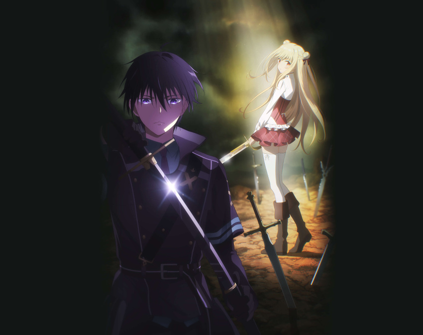 1boy, 1girl, absurdres, assassins_pride, black_hair, blonde_hair, boots, double_bun