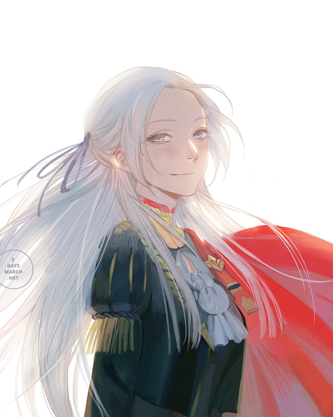 1girl, blonde_hair, blue_eyes, blush, cape, cravat, edelgard_von_hresvelg, fire_emblem