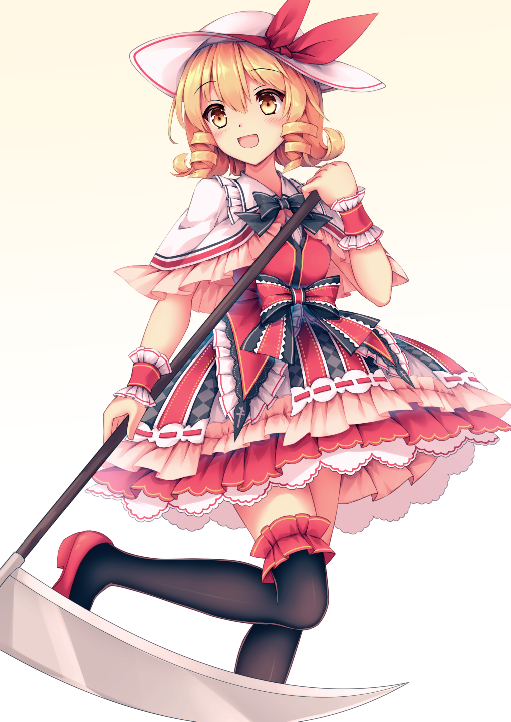 1girl, :d, bangs, black_legwear, black_neckwear, blonde_hair, blush, bow, capelet, drill_hair, elly, eyebrows_visible_through_hair, hair_between_eyes, hat, hat_bow, highres, holding, holding_scythe, leg_up, mechrailgun, miniskirt, open_mouth, pleated_skirt, red_bow, red_footwear, red_skirt, scythe, shiny_legwear, short_hair, simple_background, skirt, smile, solo, standing, standing_on_one_leg, sun_hat, thigh-highs, touhou, touhou_(pc-98), twin_drills, white_background, white_capelet, white_headwear, wing_collar, wrist_cuffs, yellow_eyes
