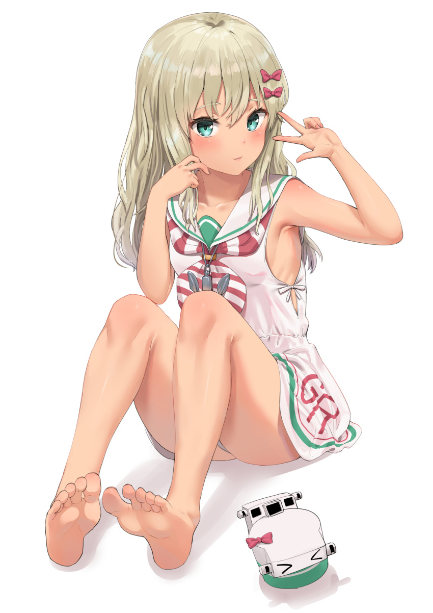 1girl, barefoot, blonde_hair, bow, closed_mouth, collarbone, commentary_request, dress