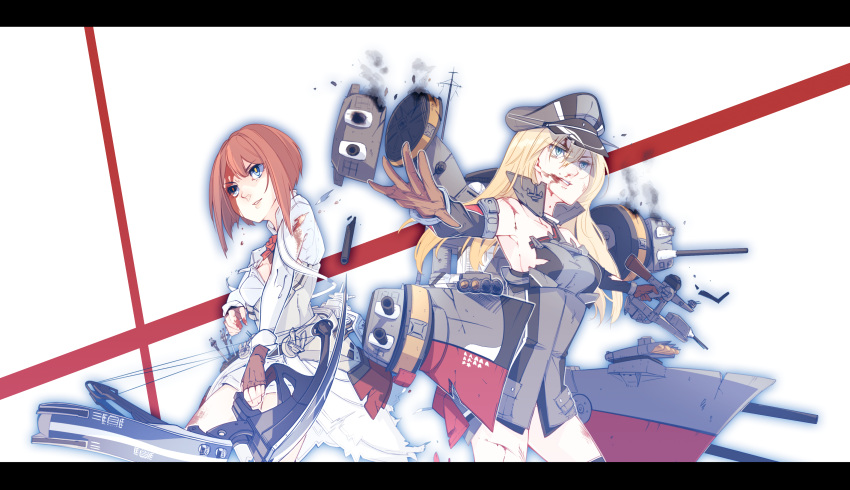 2girls, absurdres, anbo, ark_royal_(kantai_collection), bangs, bismarck_(kantai_collection), bleeding, blonde_hair