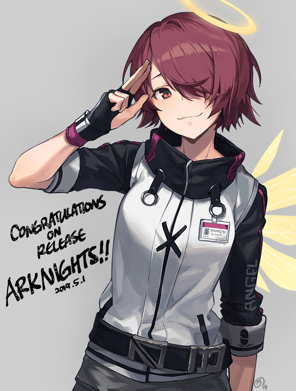 1girl, arknights, arm_at_side, arm_up, belt, belt_buckle, black_belt, black_gloves