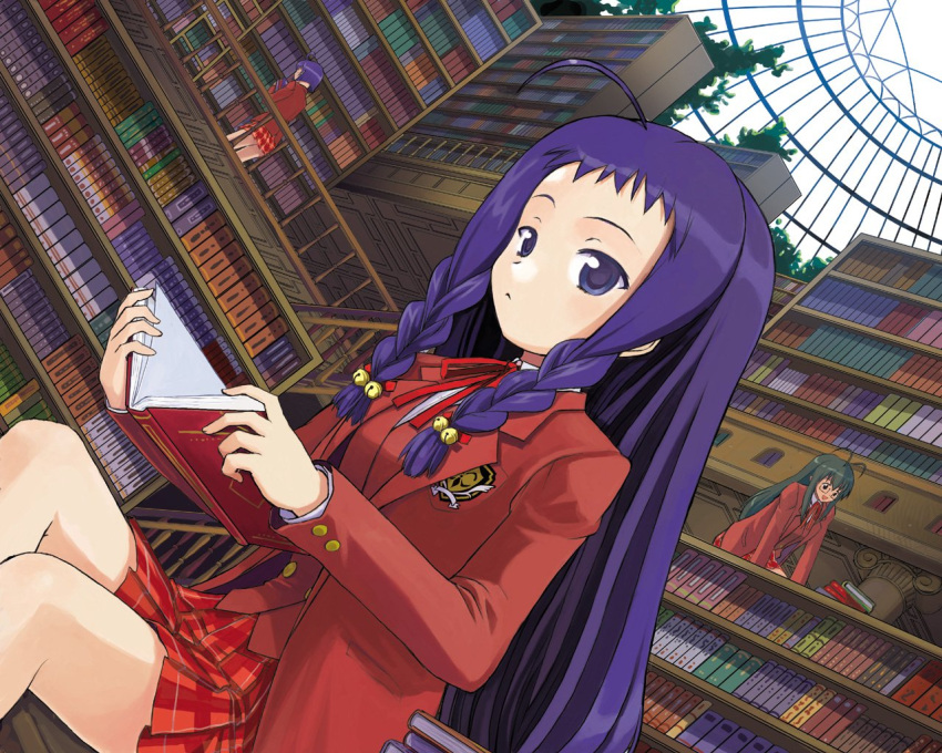 3_girls, ahoge, akitsu, ayase_yue, bells, book, dutch_angle, library