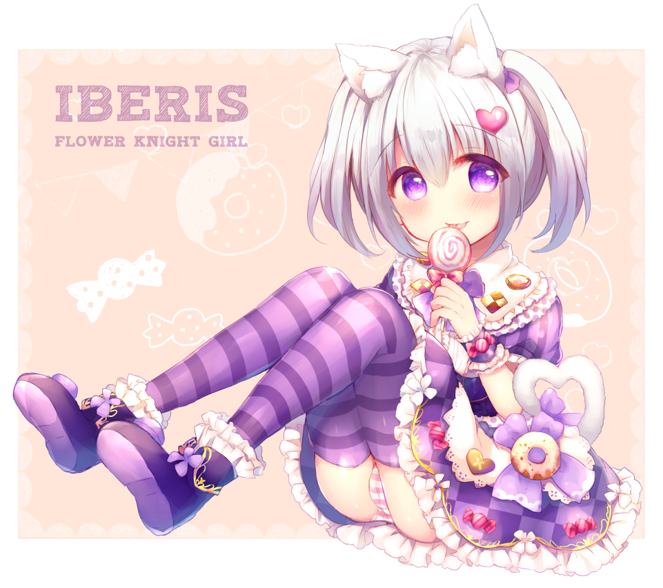 1girl, :p, animal_ear_fluff, animal_ears, bangs, boots, candy, character_name