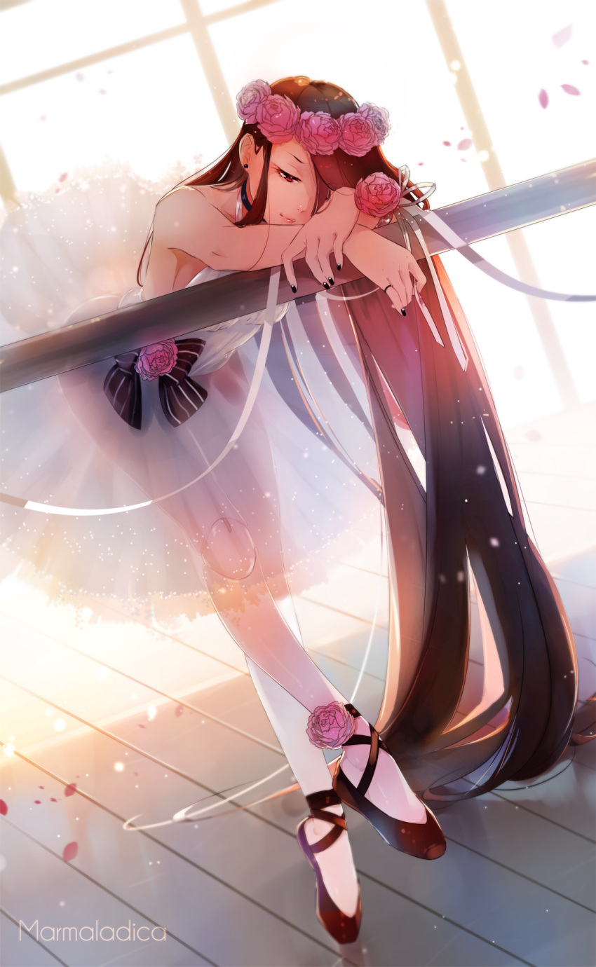 1girl, absurdly_long_hair, ankle_lace-up, artist_name, ballerina, ballet_slippers, bare_arms, bare_shoulders
