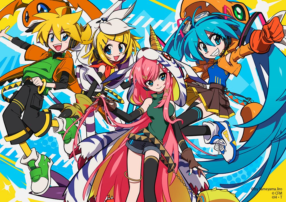1boy, 3girls, agumon, animal_hood, aqua_eyes, aqua_hair, aqua_nails, arm_warmers